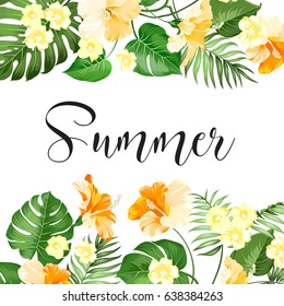 Summer sale card. Summer flowers of plumeria and hibiscus at label. Tropical palm branches with calligraphic text. Vector illustration.