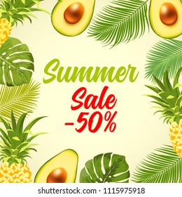 Summer sale card with palm leaves, avacado and pineapple. Vector illustration