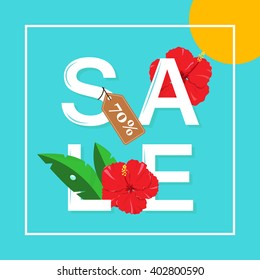 Summer Sale Card with palms and hibiscus flowers, no gradients.