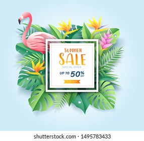 Summer sale card with pink flamingo on tropical leaf paper cut background. Vector illustration 