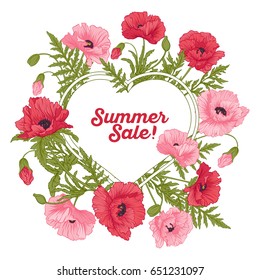 Summer sale card with red and pink poppies. Stock line vector illustration.