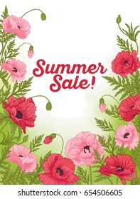 Summer sale card with red and pink poppy on green watercolor bac