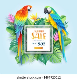 Summer sale card with Scarlet and blue macaw on tropical leaf paper cut background. Vector illustration 