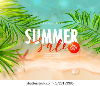 Summer sale card with sea wave, starfish and tropical leaves.Beautiful background with seashells on sea sand. Template banners,Wallpaper,flyers, invitation, posters, brochure, voucher discount.Vector 
