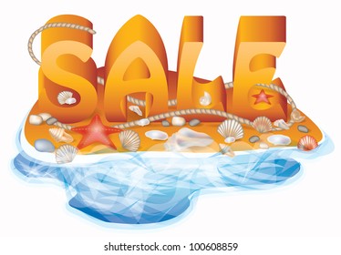 Summer sale card with seashells and rope, vector illustration