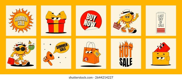 Summer sale card set. Retro groovy characters sun, gift box, shopping bag, wallet and more. Vintage hippie design and slogan for business. Flat vector illustration