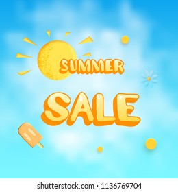 Summer Sale card with sky background. Template for ad with bright decoration. Vector illustration.