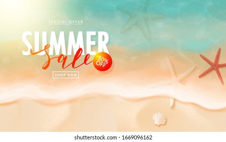 Summer sale card with starfish, sea water and sand.Vector illustration. Template banners,Wallpaper,flyers, invitation, posters, brochure, voucher discount.