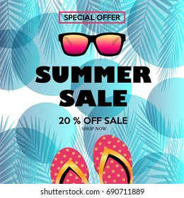 Summer Sale Card with Sunglasses and Flip Flops. Vector Illustration. Design element for shops, special offer flayers, cards, posters and print invitations.Summer design element