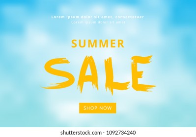 Summer Sale card. Template for ad with cloudy background. Creative sliced lettering. Vector illustration.
