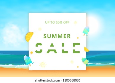 Summer Sale card. Template for ad with beach background.  Vector illustration.