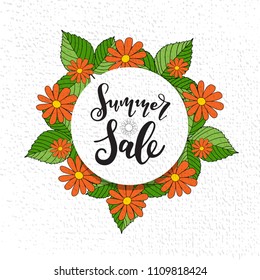 Summer Sale card template. Hand drawn lettering.