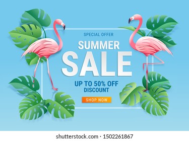 Summer sale card with two pink flamingo on tropical leaf paper cut background. Vector illustration 