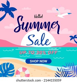 Summer Sale Card Vector Illustration. Summer Beach Flat Design Pink And Blue Theme 