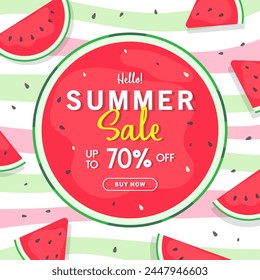 Summer Sale card vector illustration. Watermelon slice on red, green and white stripes background.  