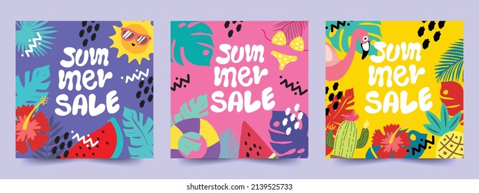  summer sale cards poster banner watermelon pineapple flamingo sun background tropical vector illustration