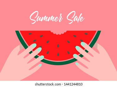 Summer sale cartoon flat vector illustration. Bitten off watermelon slice hold in hands. Funny vacation concept