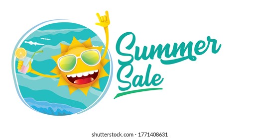 summer sale cartoon horizontal web banner or vector label with happy sun character wearing sunglasses and holding cocktail isolated on horizontal background