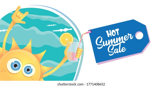 summer sale cartoon horizontal web banner or vector label with happy sun character wearing sunglasses and holding cocktail isolated on horizontal background