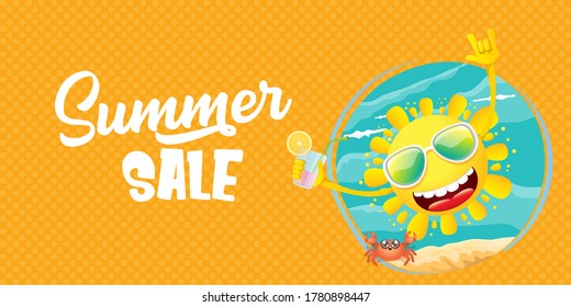 summer sale cartoon horizontal web banner or vector label with happy sun character wearing sunglasses and holding cocktail isolated on horizontal background