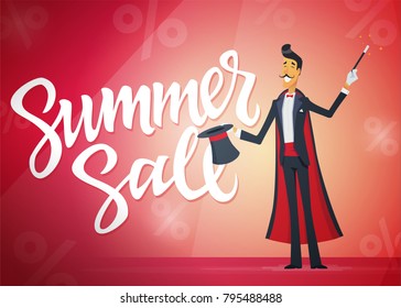 Summer sale - cartoon people characters illustration with calligraphy text on red background. High quality brush pen lettering. An image of a magician doing a hat trick. Discount, shopping concept