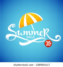 summer sale, cartoon shine vector discount banner template design with lettering composition