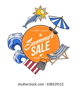 Summer Sale Chaise Long and Dolphin Illustration Poster Flyer Card Mock Up Template Layout Vector Art Design