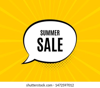 Summer Sale. Chat speech bubble. Special offer price sign. Advertising Discounts symbol. Yellow vector banner with bubble. Summer sale text. Chat badge. Colorful background. Vector