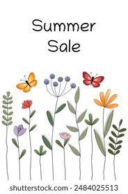 Summer Sale. Cheerful sales poster with colorful flowers and butterflies.