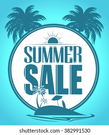 Summer Sale Circle in Beach with Palm Trees in Blue Background for Summer Promotion.
