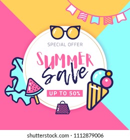 Summer sale circle vector banner with place for text and line art bright icons. Bright watermelon and ice