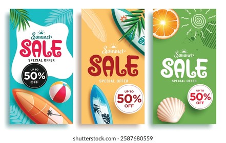 Summer sale clipart poster set. Summer sale text in colorful background for holiday vacation 50% off shopping discount clip art collection with tropical elements like surfboard and orange vector