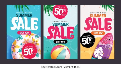 Summer sale clipart poster set. Summer sale text clip art collection in abstract background for holiday limited time shopping discount with tropical beach elements postcard layout template vector 