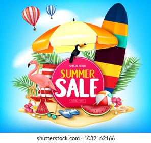 Summer Sale in Cloudy Blue Background with Realistic Toucan, Flamingo, Watermelon, Slippers, Beach Ball, Sunglasses, Flowers, Palm Tree Leaves in Sand Island  and Flying Hot Air Balloons. Vector