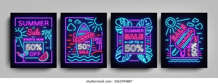 Carteles de la colección de verano al estilo neón. Ponga anuncios en neón ventas de verano, Diseño plantilla Descuentos de verano, banner ligero, folleto, Venta de publicidad nocturna brillante y descuento. Ilustración del vector