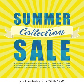 Summer sale collection. Text design against sun radial rays background. Vector illustration.