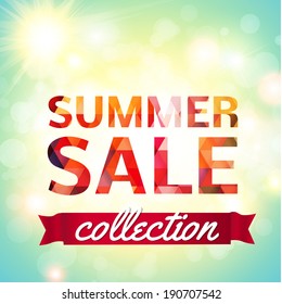 Summer Sale collection. Vector background with sun, chamomile, grass and ribbon. Text design.