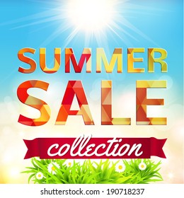 Summer Sale collection. Vector background with sun, chamomile, grass and ribbon. Text design.