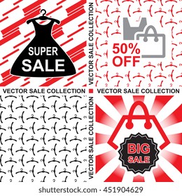 Summer Sale collection. Vector background set with shopping bag, hangers and discound offer. Text design.