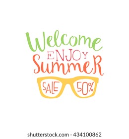 Summer Sale Colorful Ad. Colorful Summer Beach Holiday Promotion Banner. Cool Calligraphic Hand Drawn Vector Advertisement For Travel Agency.