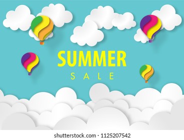 Summer sale with colorful balloon in blue sky and white cloud paper art style vector