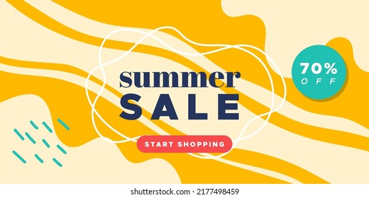 Summer sale colorful banner. Abstract organic wavy shapes background. 70% off. For newsletter, web header, social media post, promotional banner, advertising and identity. Vector illustration, flat de