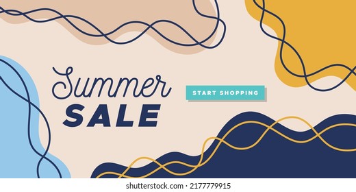 Summer sale colorful banner. Abstract organic wavy shapes background. For newsletter, web header, social media post, promotional banner, advertising and identity. Vector illustration, flat design