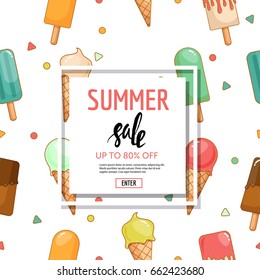 Summer sale. Colorful banner with ice cream seamless pattern. Vector illustration.