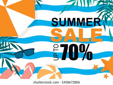 Summer Sale Colorful Banner with Palm Tree Leaves, Sun Umbrella, Flip Flops, Beach Ball, Sunglasses on Striped Wavy Background. Advertising Poster for Summertime Vacation. Cartoon Vector Illustration