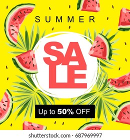 Summer sale colorful banner with watermelon slices on bright yellow background. Vector illustration. Special offer up to 50% off. Template for poster, card, flyer, promotion leaflet