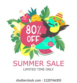 Summer sale. Colorful cartoon style advertising poster. Cheerful Toucan, juicy exotic fruits, tropical leaves and flowers. Vector illustration.
