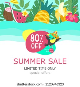 Summer sale. Colorful cartoon style advertising poster. Cheerful Toucan, juicy exotic fruits, tropical leaves and flowers. Vector illustration.