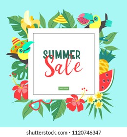 Summer sale. Colorful cartoon style advertising poster. Cheerful Toucan, juicy exotic fruits, tropical leaves and flowers. Vector illustration.