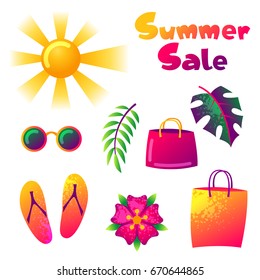 Summer sale colorful elements. Sun, palm leaves and shopping bags.